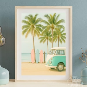Summer surf van poster, pastel coastal wall decor, vintage camper, retro beach print, printable digital art