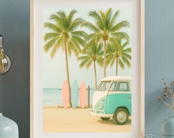Summer surf van poster, pastel coastal wall decor, vintage camper, retro beach print, printable digital art