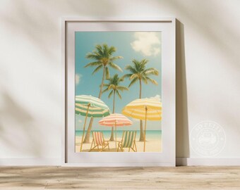 Poster beach parasol art, coastal wall decor, colorful beach umbrella print, summer home decor, digital download, printable wall art