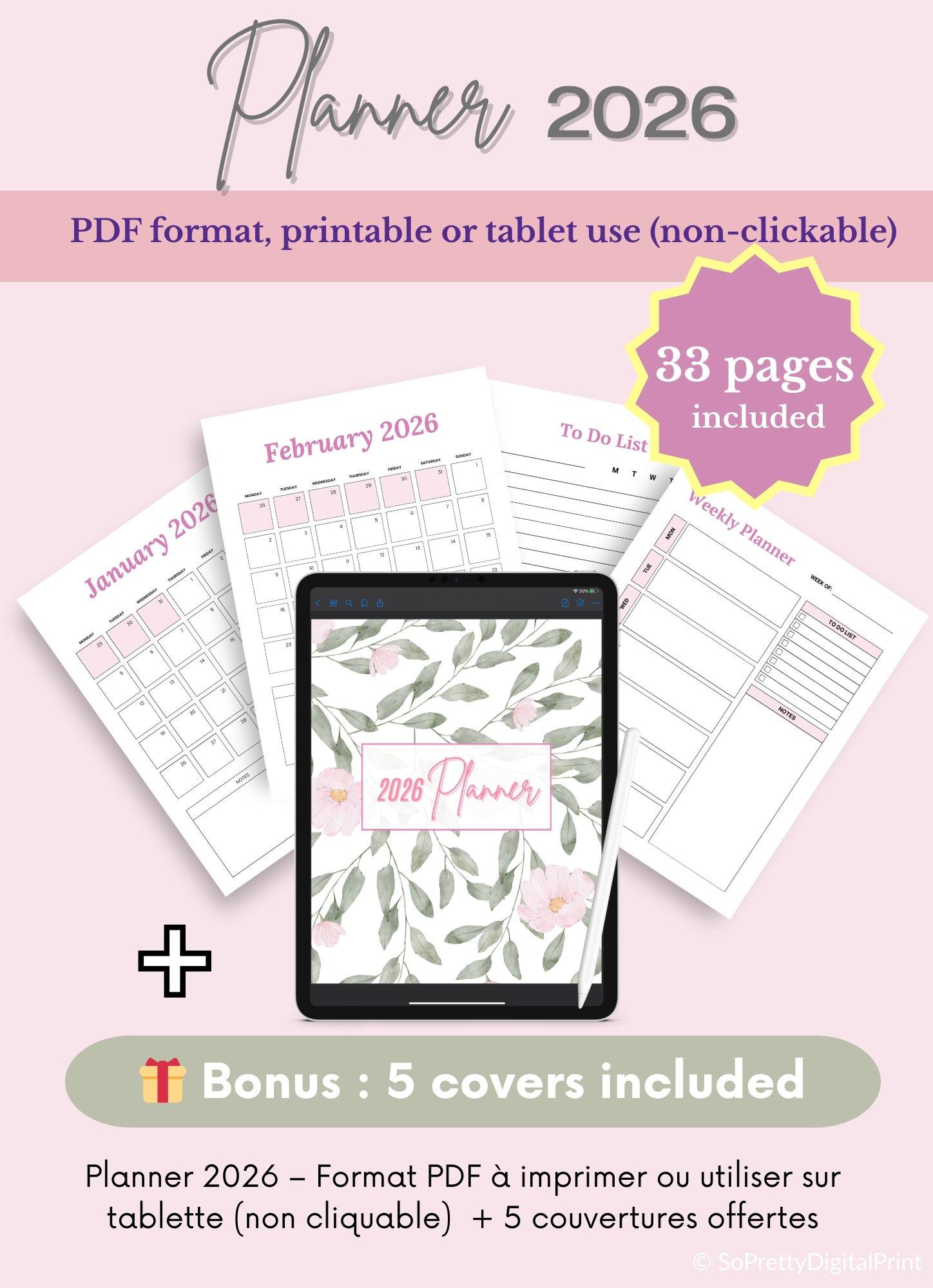 2026 Planner Printable Pdf, Digital Planner, Daily Weekly Monthly ...