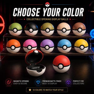 Peut inclure: Présentation de dix balles d'affichage ouvrantes de collection de différentes couleurs, dont vert, noir, beige, marron, orange, rose, violet, bleu et jaune. Une balle est ouverte, révélant le texte "I CHOOSE YOU". Le texte "CHOOSE YOUR COLOR" est en haut.