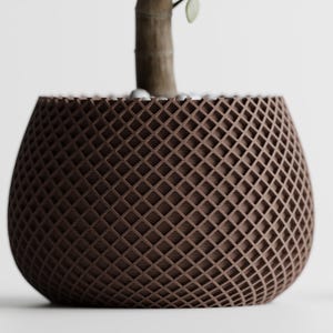 May include: A brown, lattice-patterned plant pot with a rounded shape. The pot has a textured surface and is designed to hold a plant. The top of the pot is filled with small white stones, and a plant stem is visible.