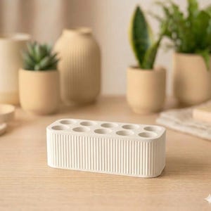 Puede incluir: Un organizador de cerámica rectangular de color crema con 10 agujeros circulares. Los lados presentan detalles acanalados verticales. El fondo incluye plantas en macetas y otra decoración de cerámica de tonos neutros.