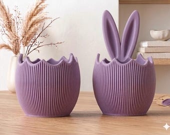 Modern Easter Egg Bowl with Bunny Ears – Japandi Spring Decor, Ribbed Pot