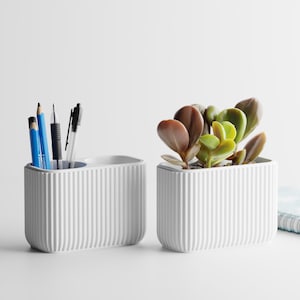 Puede incluir: Dos recipientes rectangulares blancos y acanalados. Uno contiene lápices y bolígrafos, el otro una pequeña planta suculenta con hojas verdes y rojizas. Un cuaderno es parcialmente visible en el fondo.