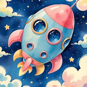Puede incluir: Ilustración en acuarela de un cohete caprichoso surcando un cielo nocturno estrellado. El cohete presenta un cuerpo azul claro, detalles rosas y llamas amarillas, rodeado de nubes esponjosas y estrellas doradas.