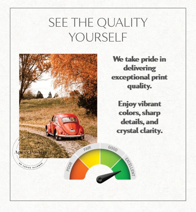 May include: A promotional graphic featuring the text SEE THE QUALITY YOURSELF and We take pride in delivering exceptional print quality. Enjoy vibrant colors, sharp details, and crystal clarity. Includes a photo of a red car and a quality gauge.