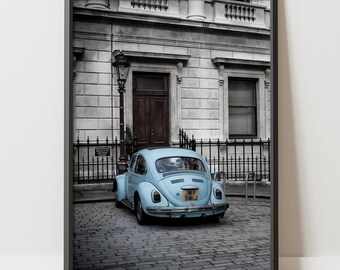 Blue Vlkswgen Beetle Vintage Street Poster | Classic VW Bug Wall Art Print (Digital Download)