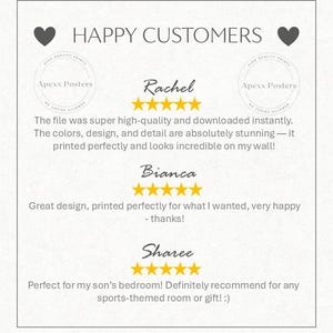 May include: A customer review graphic titled HAPPY CUSTOMERS with two black heart icons. It displays three five-star reviews from Rachel, Bianca, and Sharee, each accompanied by the Apexx Posters logo, featuring text praising print quality and design.