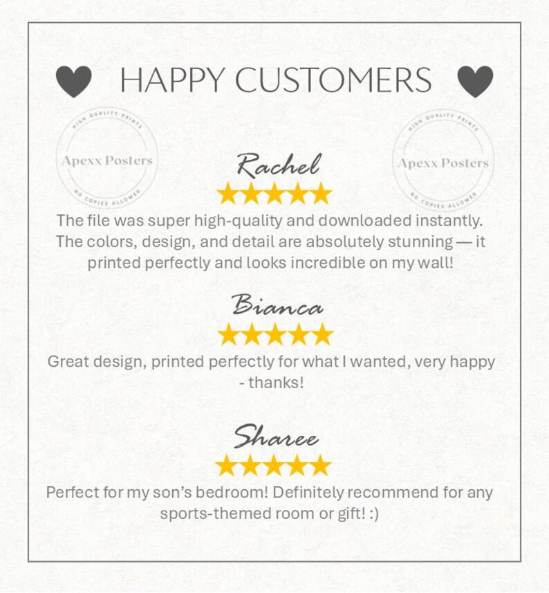 May include: A customer review graphic titled HAPPY CUSTOMERS with two black heart icons. It displays three five-star reviews from Rachel, Bianca, and Sharee, each accompanied by the Apexx Posters logo, featuring text praising print quality and design.