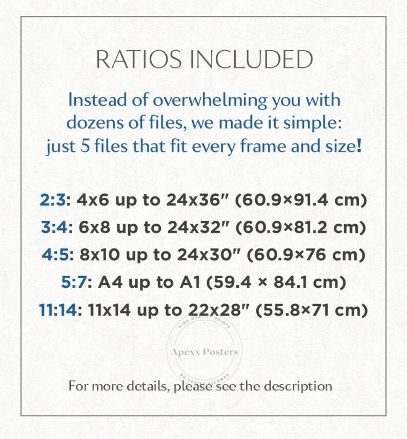 May include: A white informational graphic with dark blue text titled RATIOS INCLUDED. It lists five aspect ratios: 2:3, 3:4, 4:5, 5:7, and 11:14, along with their corresponding imperial and metric size ranges from 4x6 inches to 24x36 inches.