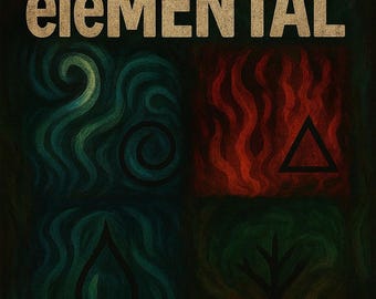 May include: A poster with the word "eLEMENTAL" in a textured gold font. The image is divided into four quadrants, each with a symbol representing an element. Text at the bottom reads "RAGE + RELEASE + REBIRTH. RITUALS FOR WILD HEALING."