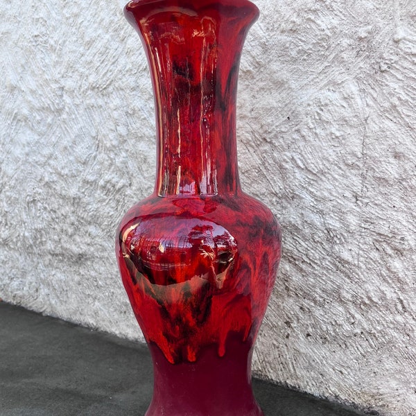 Vintage Marbelized Oxblood Red Drip Glaze Ceramic Vase