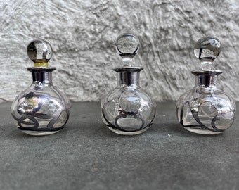 Sterling Silver Overlay Crystal Glass Perfume Scent Bottles Victorian Art Nuevo