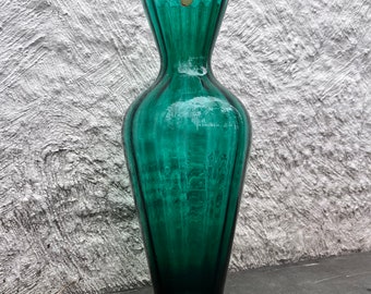 Empoli Emerald Green Ribbon Optic Glass Vase 14" Itay Mid Century Modern