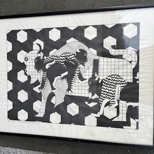 Slotted Buffaloes Framed Ink on Paper Postmodern Artist Signed Print 1/10
