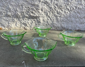 Vintage Vaseline Depression Uranium Glass Cups, set of four