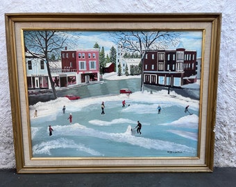 W. M. V. Dattilo Vintage Folk Art Cityscape Painting Town Square Winter Ice Skating