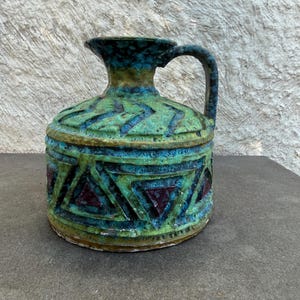 Ewer Jug Sgraffito Lava Glaze Blue Green Red Itay Bitossi Aldo Londi Raymor