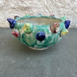 Spikey Ceramic Colorful Green Pottery Bowl Italy FG