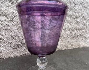 Empoli Style Iridescent Amethyst Purple Lidded Rib Apothecary Covered Glass Jar