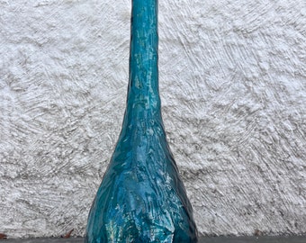 Empoli Italy Glass Decanter Genie Bottle Crinkle Blue 15 1/2”