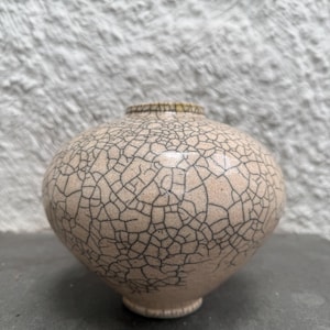 Vintage Raku Fire Vessel Crackle Glazed Ceramic Pottery Vase Sighed