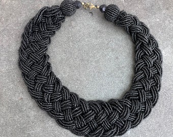 Vintage Braided Black Glass Beaded Necklace