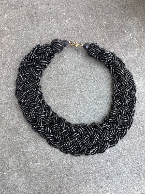 Vintage Braided Black Glass Beaded Necklace