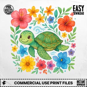 Cute Turtle PNG, Watercolor Turtle, Turtle Clipart, Floral Turtle, Digital Download PNG, Kawaii Turtle, Turtle Sublimation