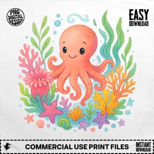 Octopus PNG, Cute Octopus Clipart, Sea Animals Png, Watercolor Octopus, Ocean Png, Digital Download PNG, Sublimation