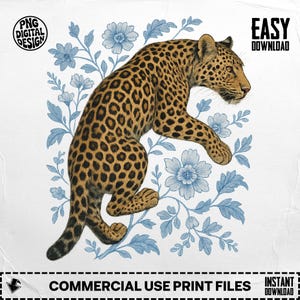 Leopard PNG, Floral Leopard Clipart, Wild Cat PNG, Animal Png, Blue Flowers, T-Shirt, Digital Download