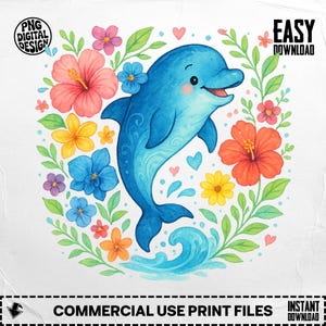 Floral Dolphin PNG : Summer Sublimation Clipart (téléchargement numérique, 4096 x 4096 pixels)