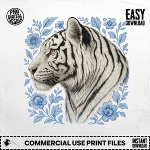 White Tiger Floral PNG: Wild Animal Clipart (Digital Download)