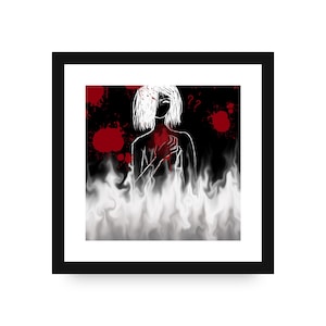 Dark Aesthetic Wall Art Digital – Dark Aesthetic Red & Black Printable Poster | Trauriger Charakter, der Herz entfernt | Gothic Emotionales Kunstwerk zum Downloaden