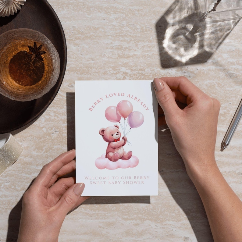 Berry Sweet Baby Shower Welcome Sign | Bear With Balloons Baby Girl ...