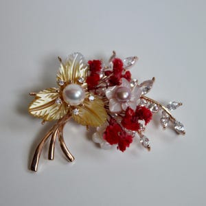 Real Pearl Gold Chinese Flower Brooch | Handmade Pin with 3 Freshwater Pearls & Gems | Cultural Floral Design | Limited Edition Gift