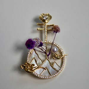 Handmade Chinese Instrument Brooch Gold | Mountain & Cloud Design with Real Pearl, Gem Accents, Oyster Shell Inlay | Limited Edition