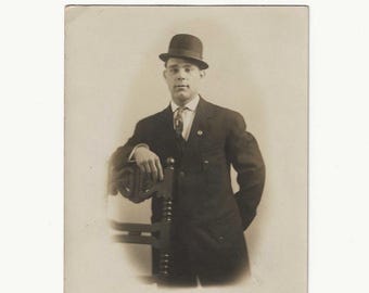 Antique Man in Bowler Hat Photo: 1900s RPPC Studio Portrait