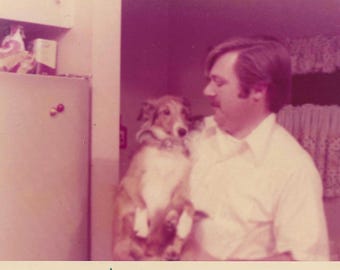Vintage 1970s Snapshot | Man Holding Herding Dog Photo