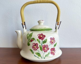 Vintage Studio Pottery Teapot | Hand Painted Floral Ceramic Tea Pot, Signed DW '92