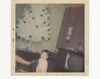 1967 Baby by White Christmas Tree | Vintage Color Photo