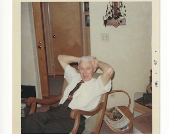 1960s Color Snapshot: Elderly Man in Mid-Century Chair - Vintage Interior Decor