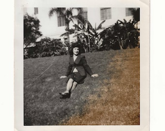 1940s Woman on Lawn Photo: Vintage Palm Tree Snapshot