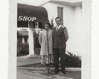 1940s Couple Photo: Vintage Black and White Street Style Snapshot
