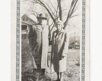Midcentury Couple Outdoors with Decorative Border | Vintage Black and White Portrait | Found Photo Wall Art Framing Gifting