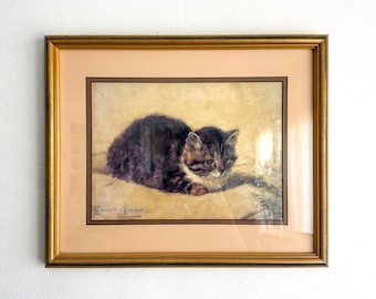 Framed Kitten Print After Henriette Ronner | Vintage Cat Wall Art, Gold Frame