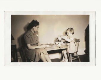 Woman and Child Tea Party | Vintage Black and White Snapshot | Midcentury Domestic Scene | Found Photo Wall Art Framing Gifting