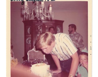 Vintage 1970s Birthday Photo: Boy with Cake, Handwritten Note