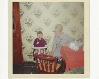 1960s Kodak Photo | Mother & Child in Kitchen, Floral Wallpaper